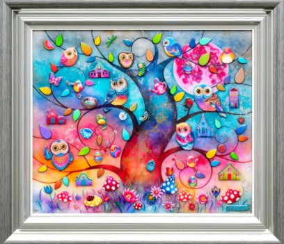 Colorful artwork of a tree with owls and houses in a decorative frame.
