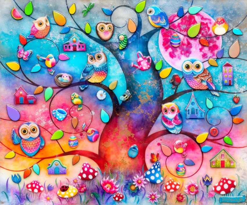 Colorful illustration of owls, houses, and nature elements in a whimsical style.