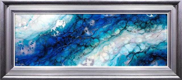Abstract artwork with blue and white patterns in a silver frame